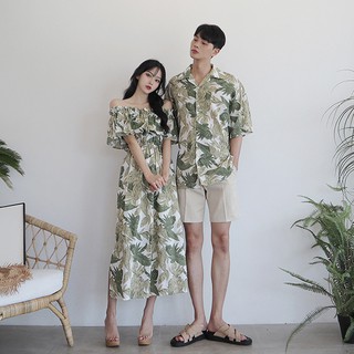 Áo đôi đi biển 🌼FREESHIP🌼 Váy đôi áo sơ mi trễ vai hoa lá màu xanh dễ thương chụp ảnh du lịch đi biển