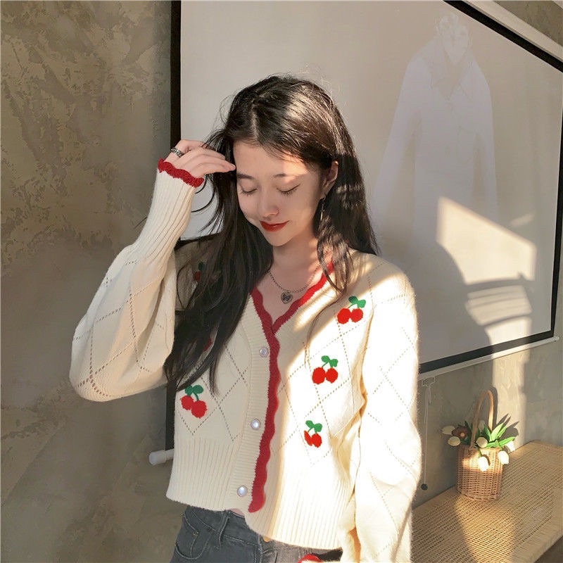 Áo len cardigan thêu hình quả cherry ngọt ngào