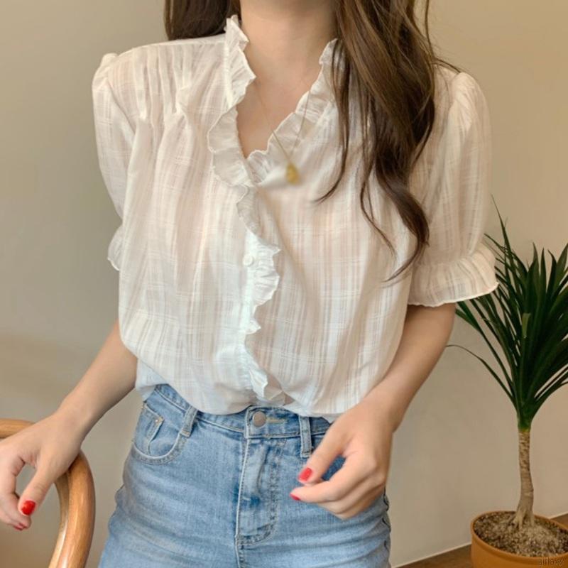 Áo Sơ Mi Chiffon Tay Ngắn Cổ Chữ V Màu Trơn Phong Cách Hàn Quốc