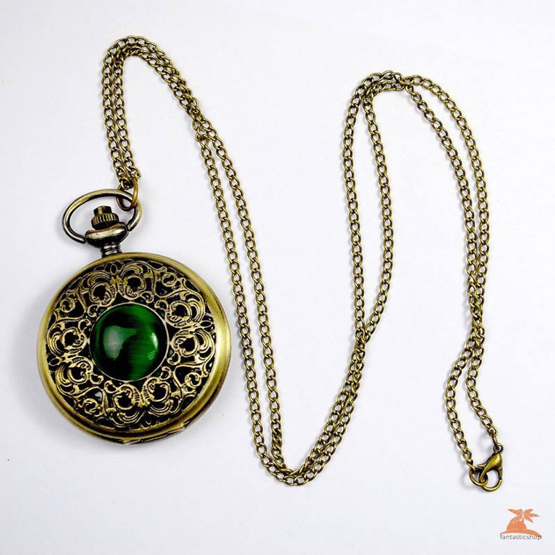 #Đồng hồ bỏ túi# Vintage Women Men Quartz Pocket Watch Chain Gothic Green Elf Eye Hollow Bronze Watch Pendant Necklace Gifts