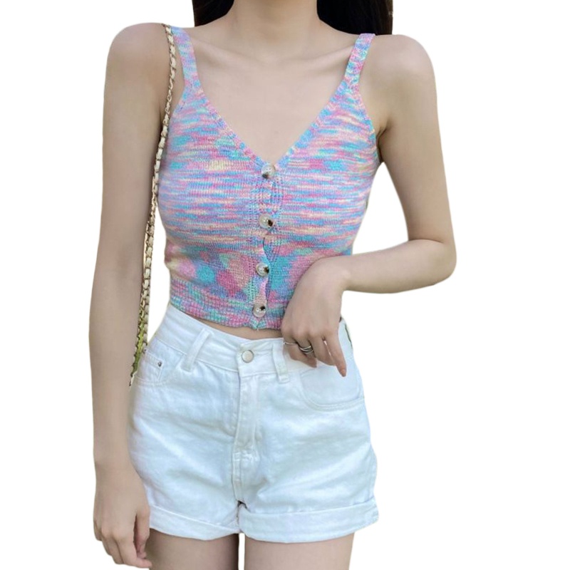Áo Croptop Dệt Kim Hai Dây Cài Nút Cổ V Sâu Họa Tiết Kẻ Sọc Nhiều Màu Thời Trang Mùa Hè Quyến Rũ Cho Nữ
