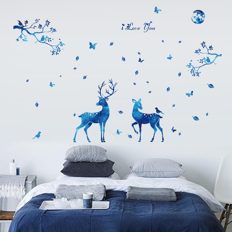 Tranh dán tường 3D phong cách bắc âu - Cặp hươu dưới ánh trăng