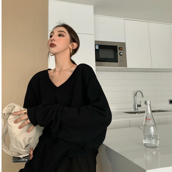 QADCOL Áo thun lửng dài tay cổ chữ V dáng rộng thời trang cho nữ