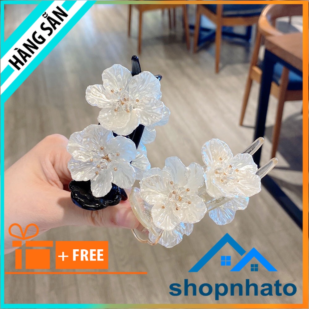 Kẹp tóc càng cua hoa Đào trắng đính đá phong cách dễ thương 2 màu đen,trắng hợp thời trang