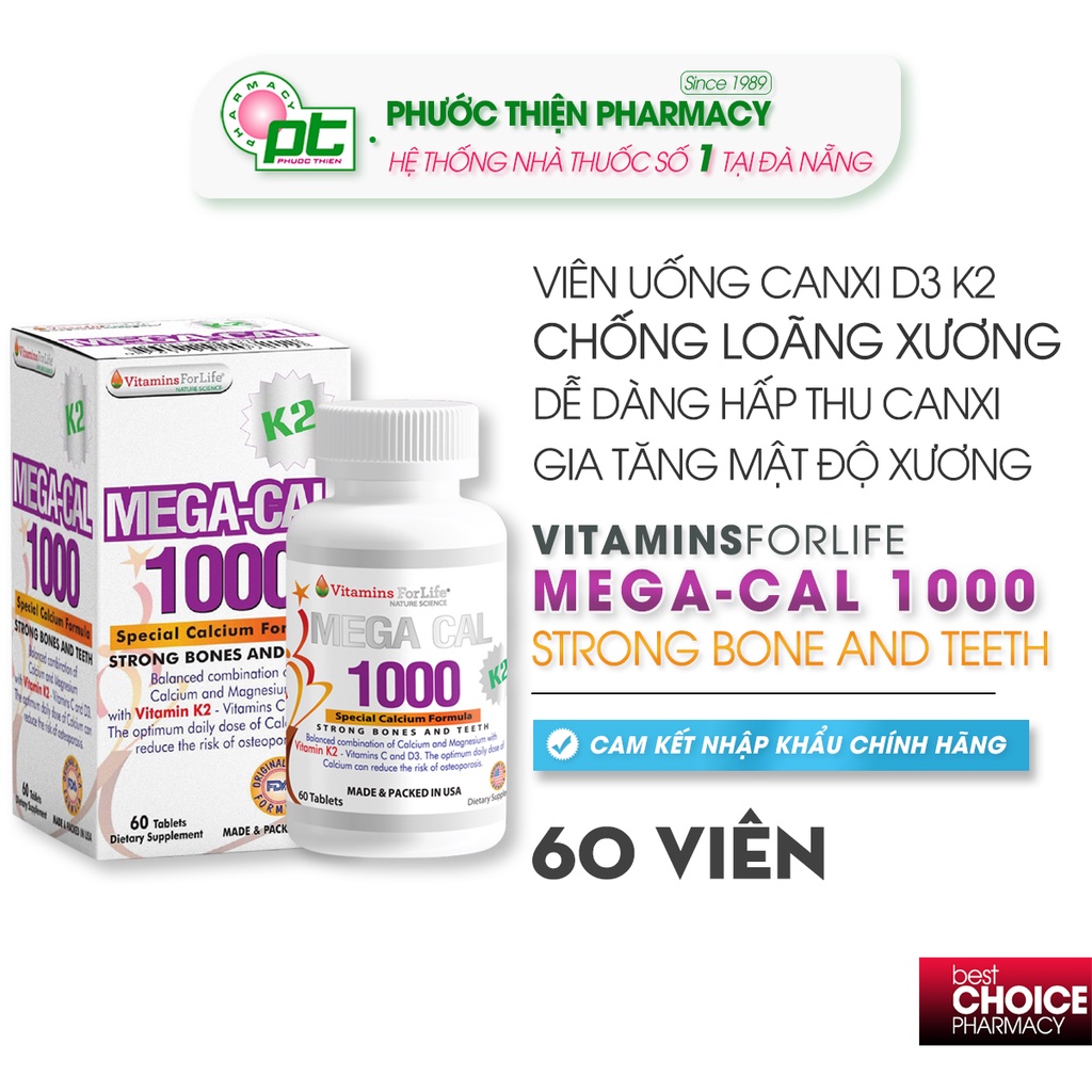 Viên Uống Bổ Sung Canxi D3K2 Mega Cal 1000 Lọ 60 Viên - Megacal hấp thu canxi tối đa, ngăn ngừa loãng xương