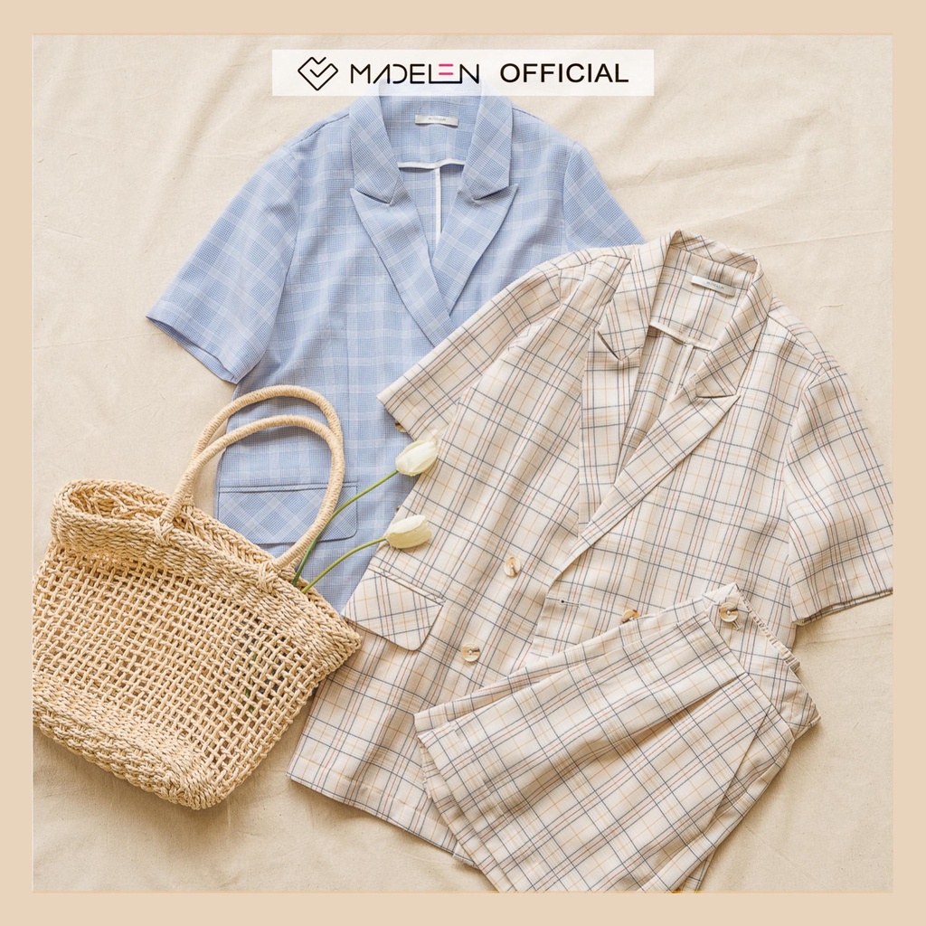 Set blazer ngắn tay màu kẻ xanh blue và be MADELEN