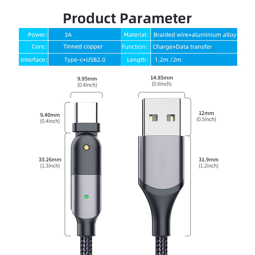 Dây cáp sạc nhanh HdoorLink USB type C 3A xoay 180 độ chuyên dụng cho điện thoại Samsung Galaxy Xiaomi Huawei