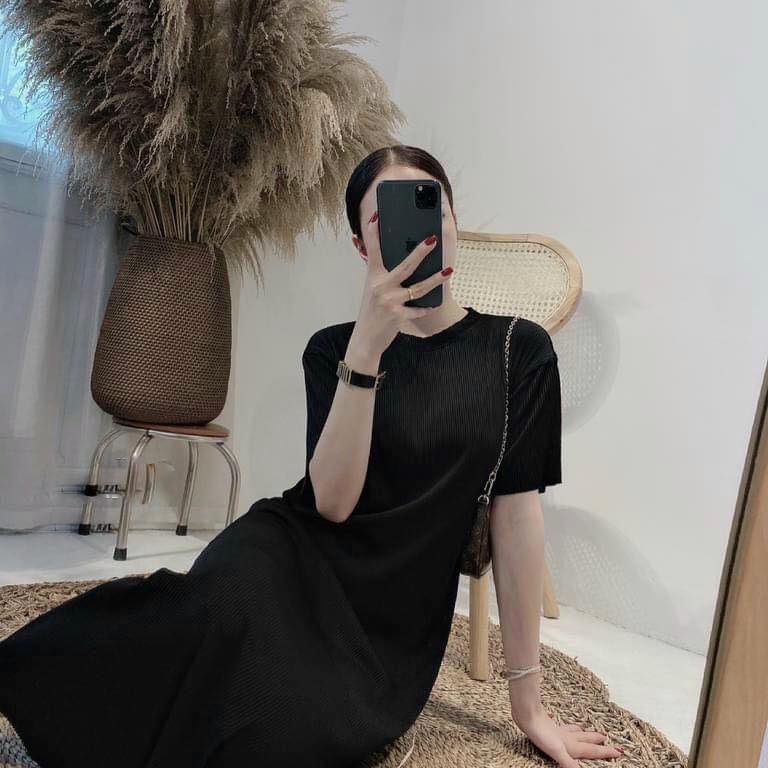 Váy dập li dáng suông tay lỡ rúm eo điệu đà chất tăm dập li co dãn bầu bí bon chen thoải mái