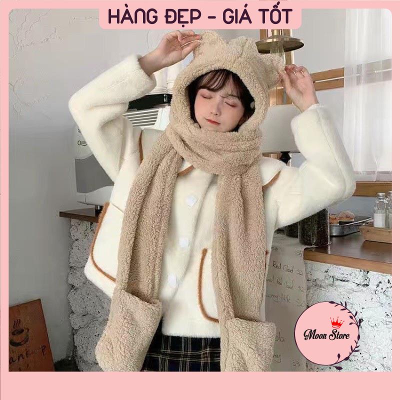 Mũ lông cừu tai gấu kèm khăn quàng cổ bao tay 3 trong 1 ấm áp
