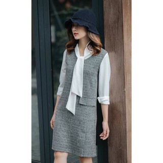 Đầm xám phối trắng dáng công sở