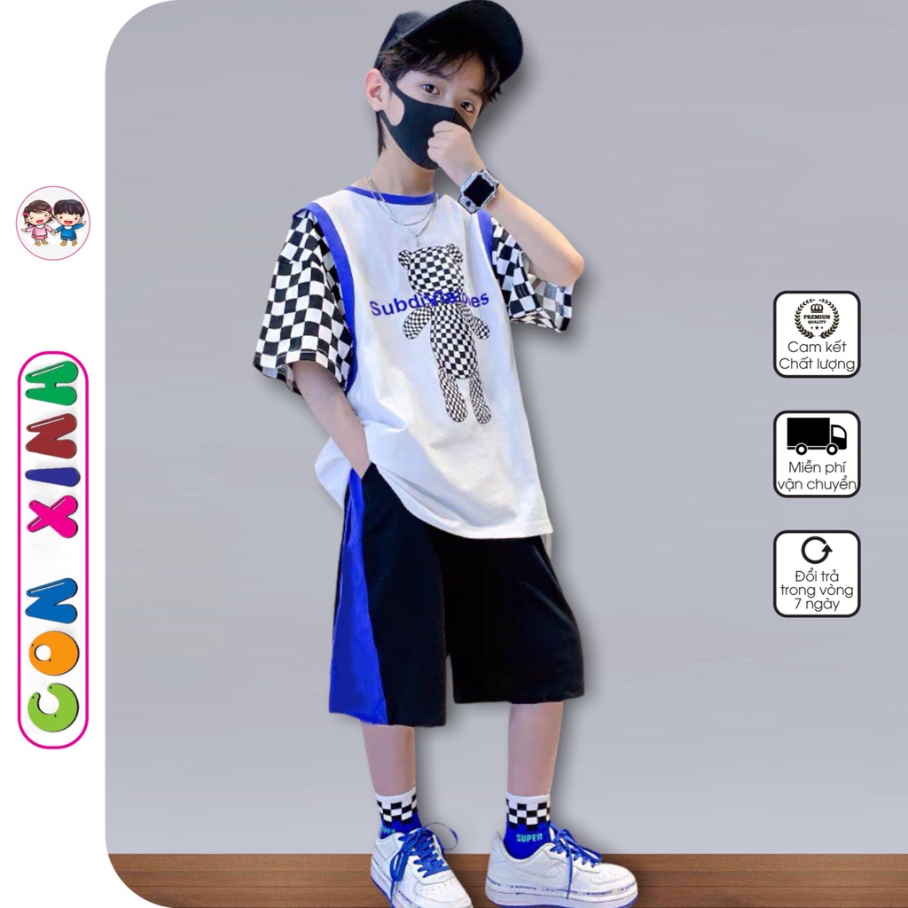 Bộ đồ bé trai Con Xinh cotton hình in gấu SUBO tay phối caro,thời trang dành cho trẻ em từ 4 đến 10 tuổi