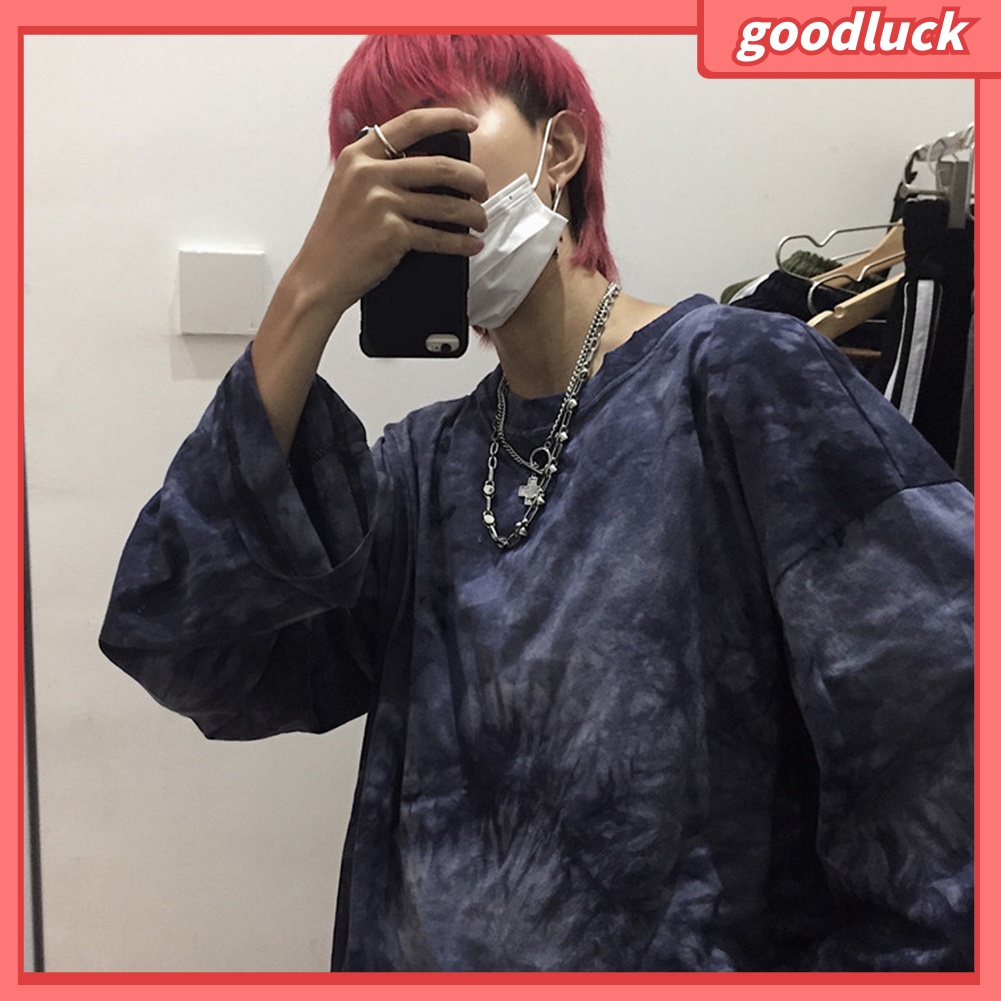 Áo thun thiết kế rộng cổ tròn tay dài kiểu màu nhuộm thời trang