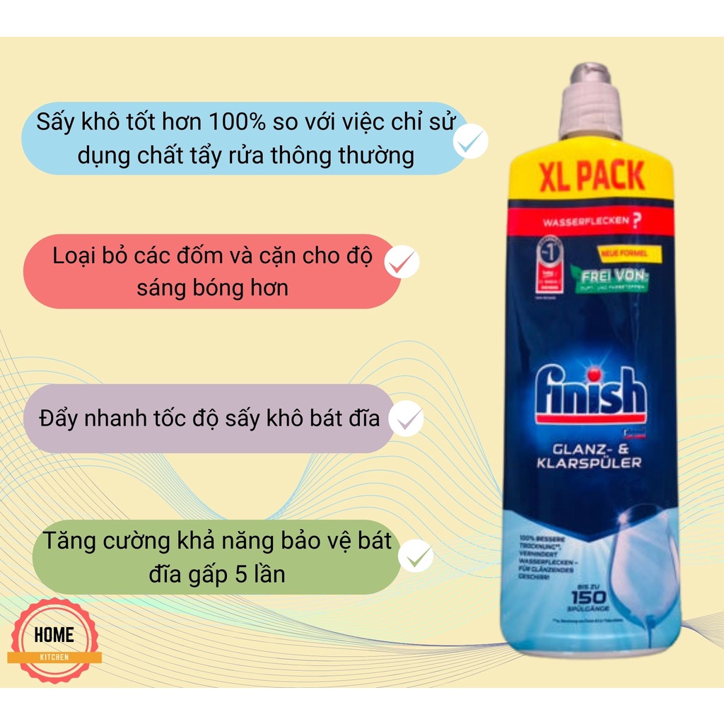 Nước làm bóng máy rửa bát Finish (750ml/800ml), dầu bóng Finish. Bảo vệ - làm bóng bát đĩa,loại bỏ đốm cặn.Sấy khô nhanh