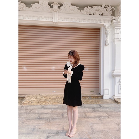 Váy nhung pha bèo cổ nơ đính ngọc