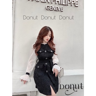 Váy dạ tweed đen tay phối tơ