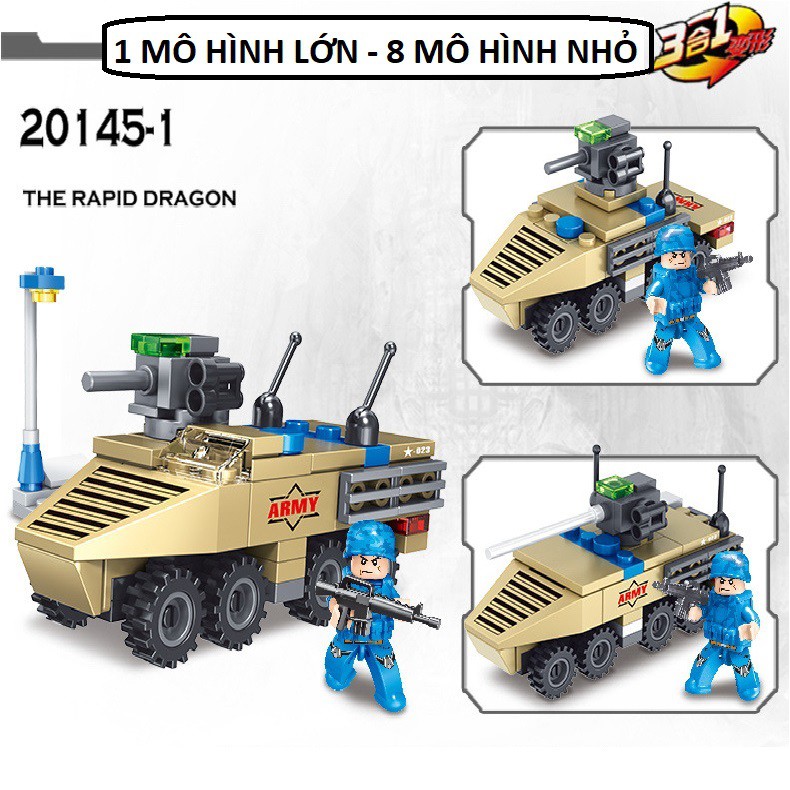 [740 CHI TIẾT] Bộ Lego lắp ráp xếp hình XE TĂNG THIẾT GIÁP 4 NÒNG SÚNG TOP LEVEL, HỘP 8 TRONG 1