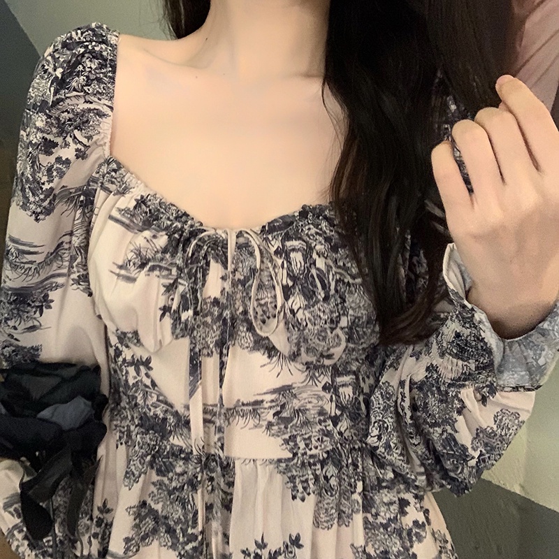 Đầm kiểu Perty tay dài họa tiết hoa phong cách retro thời trang cho nữ