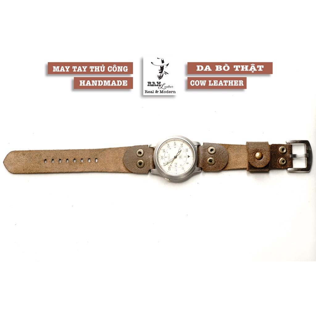 Dây Casio AE 1200 da bò nâu RAM Leather pilot vintage - tặng khóa chốt và cây thay dây