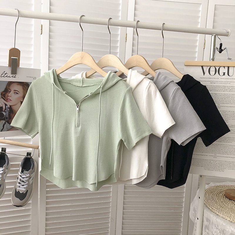 Áo Dệt Kim Tay Ngắn Có Mũ Trùm Thời Trang Mùa Hè Phong Cách Hàn Quốc Cho Nữ
