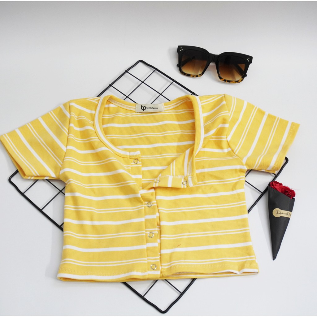 [Nhiều màu] ÁO CROPTOP THUN GÂN SỌC KẺ phối cúc bấm | BigBuy360 - bigbuy360.vn