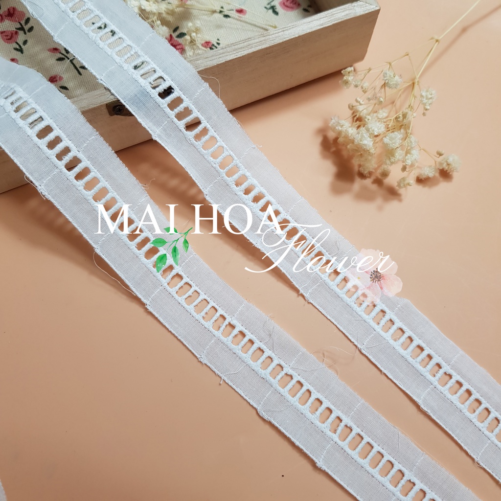 [Size 1cm] Dây ren viền trang trí quần áo chất vải thô boi trắng họa tiết bậc thang dài 13 mét rộng 1cm Maihoafabricr