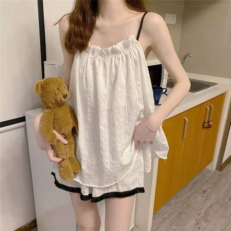 Bộ đồ ngủ áo hai dây + quần short vải cotton màu trắng trơn thời trang mùa thu cho nữ