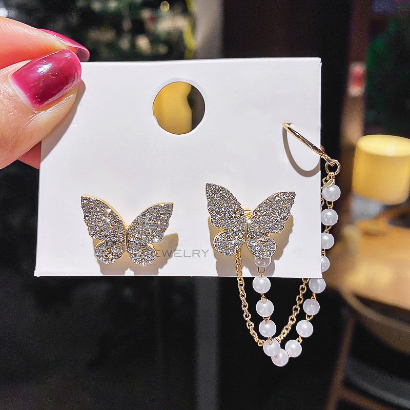 Khuyên tai hình bướm đính đá ngọc trai nhân tạo thời trang
