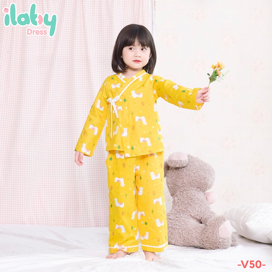 Đồ bộ cho bé gái ILABY đồ ngủ yukata style Nhật mềm mại thoáng khí thấm hút mồ hôi họa tiết đáng yêu [V50]