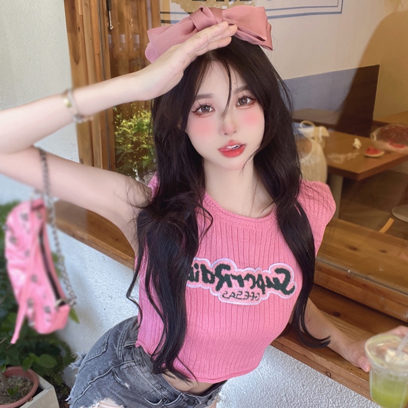 Áo Croptop Dệt Kim Sát Nách Dáng Rộng Thêu Chữ Kiểu Vintage Hàn Quốc Thời Trang Mùa Hè