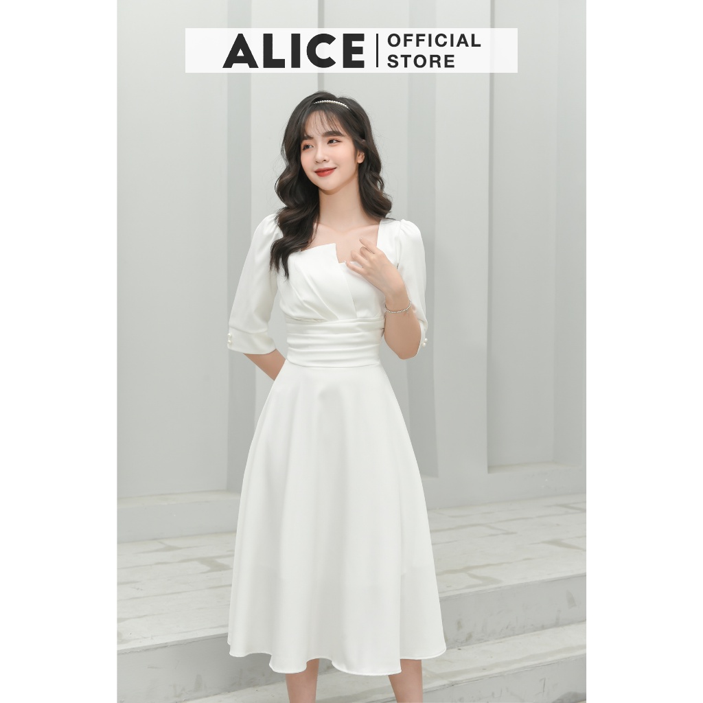 Váy Nữ Xếp Ly Cổ Vuông ALICE Thiết Kế Dáng Dài Xòe Tay Lỡ Thắt Eo Cho Nữ Đi Chơi, Đi Dự Tiệc V677