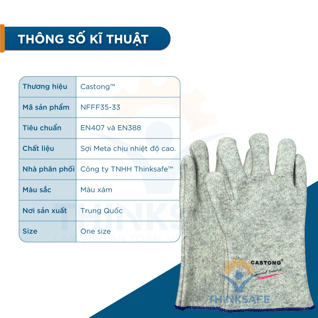 Găng tay chịu nhiệt 300 ĐỘ Castong xám, chống nóng, chịu nhiệt, cách nhiệt nhiều lớp, hấp thụ mồ hôi - THINKSAFE