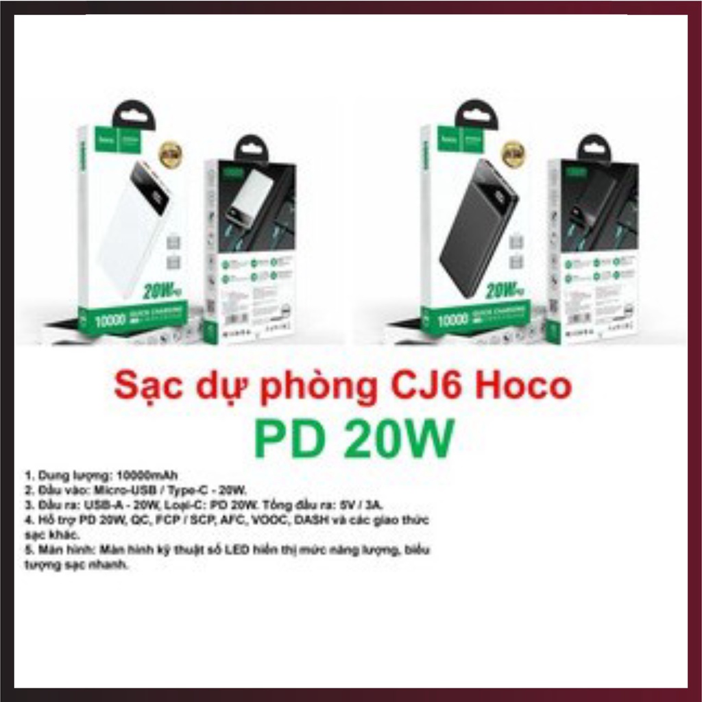 Cục xạc sạc dự phòng chính hãng HOCO CJ6 10.000mAh công nghệ sạc nhanh PD 20W + QC 3.0 màn hình kỹ thuật số điện tử