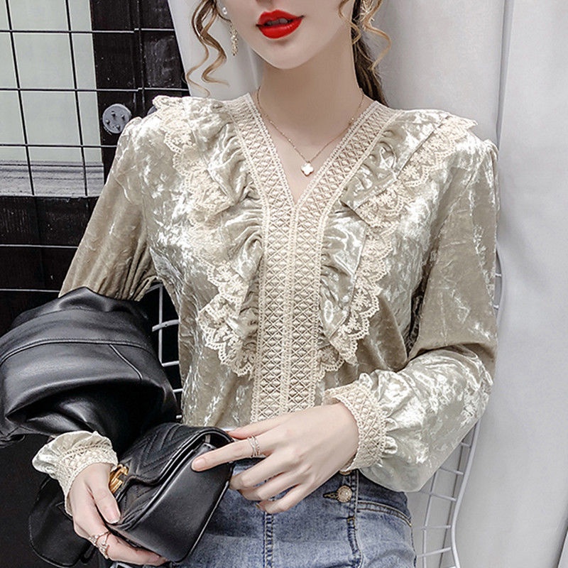 Áo nhung phối ren cổ chữ V phong cách retro Hàn Quốc thoải mái thời trang thu đông cho nữ 2021