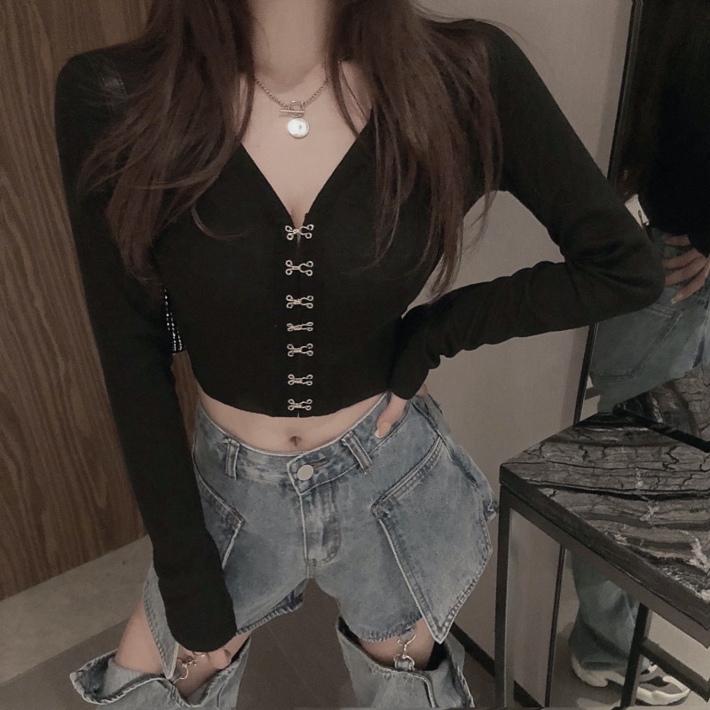 Áo Dệt Kim Tay Dài Cổ Chữ V Quyến Rũ Dễ Phối Đồ Thời Trang Phong Cách Hàn Quốc