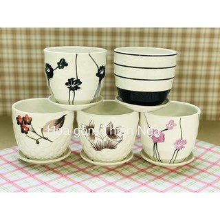 Chậu gốm sứ để bàn kèm đĩa đựng nước - cao 10 cm