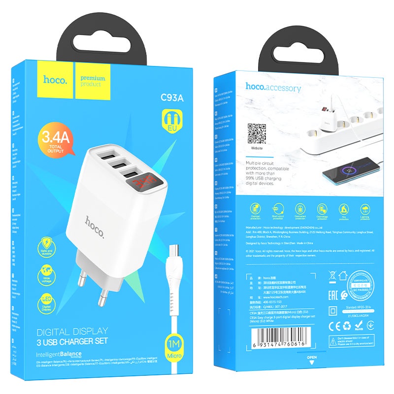 Bộ sạc 3.4A Hoco C93A đèn LED báo sạc, 3 cổng USB, cho IP, Micro,Type-C dây dài 1m - Chính hãng
