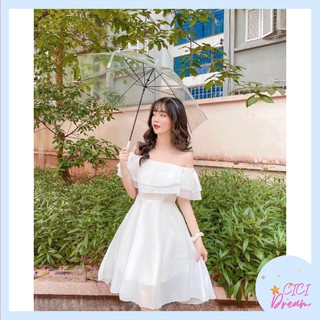 Đầm - váy trễ vai trắng 2 lớp voan tơ, Đầm - váy trễ vai trắng bèo babydoll