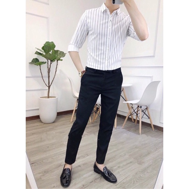 Áo sơ mi nam trắng sọc đen Stripes basic