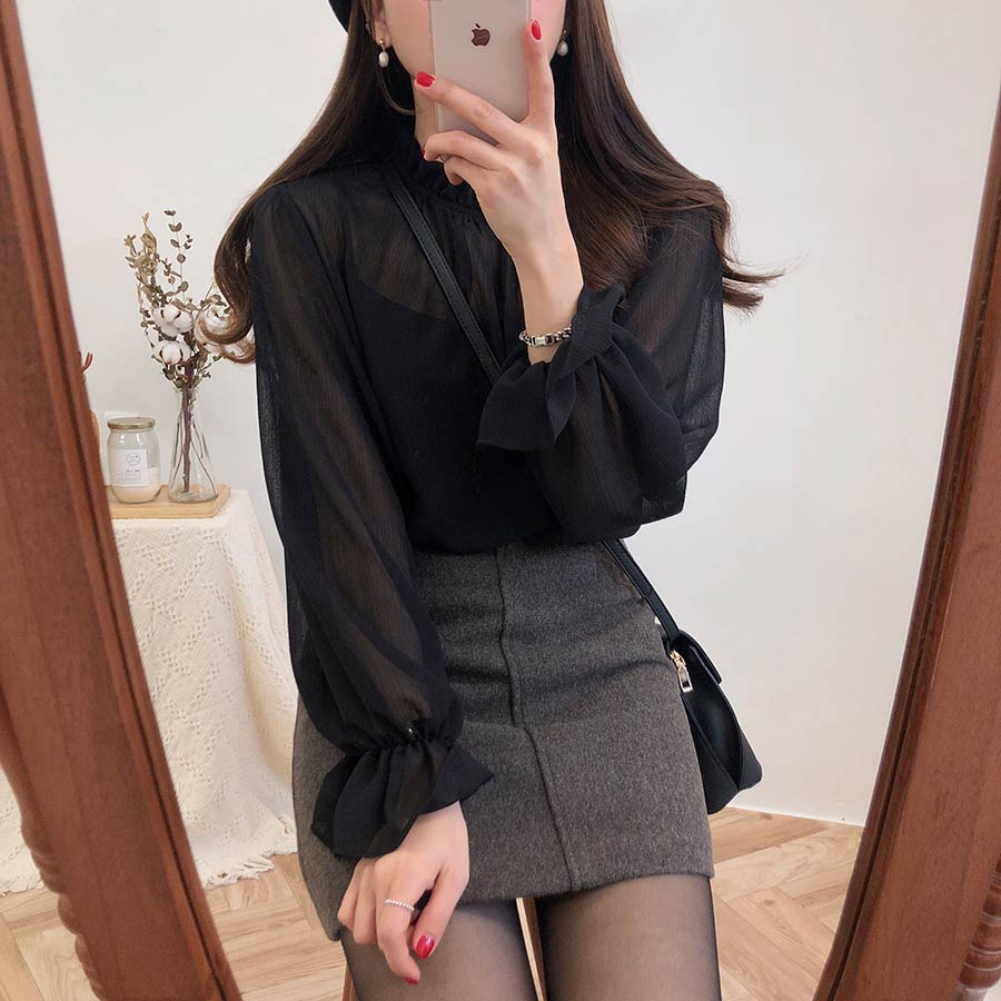 Áo kiểu Peppermint 27188 chiffon tay dài cổ cao thời trang thanh lịch dành cho nữ