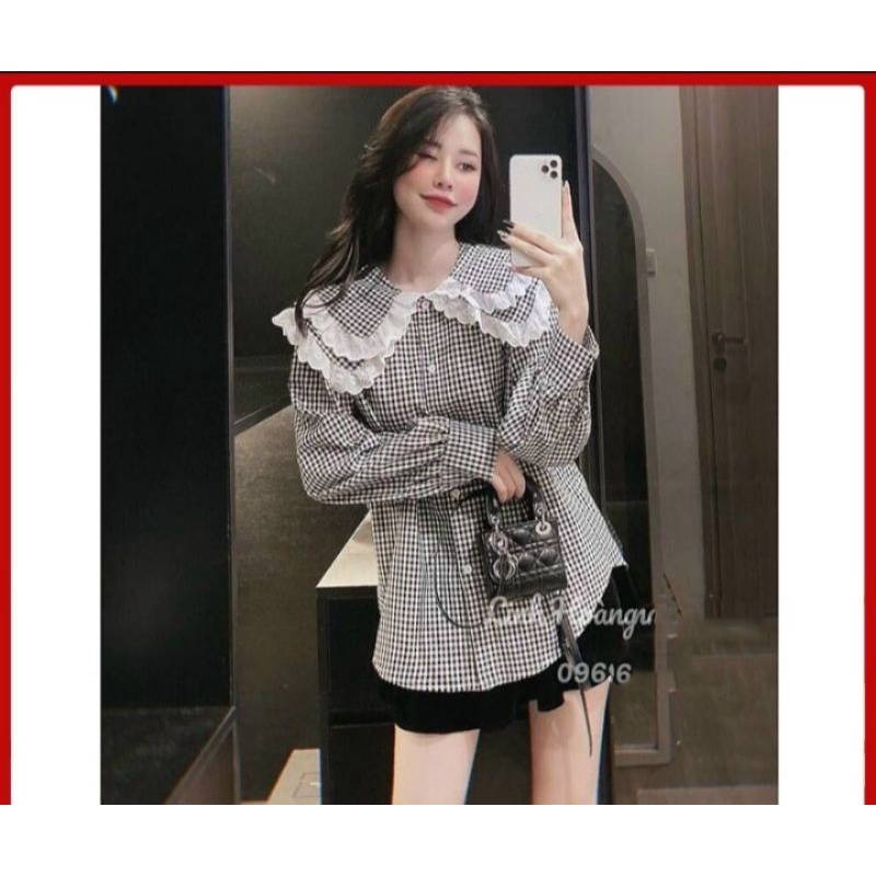 Áo sơ mi kẻ caro cổ 2 tầng bèo phối ren- dáng BABYDOLL MS267