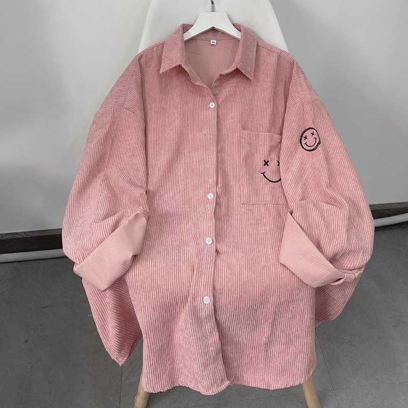 Áo sơ mi nhung gân Icon màu hồng unisex (nam nữ mặc được, có thể khoác ngoài)