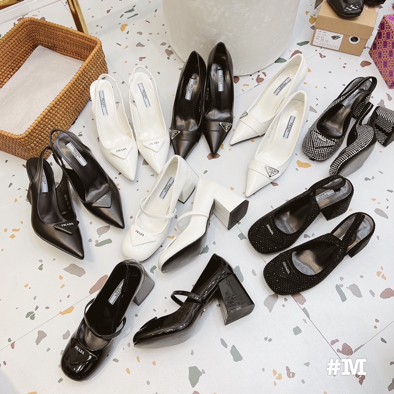 Sandal prada gót vuông mũi tròn