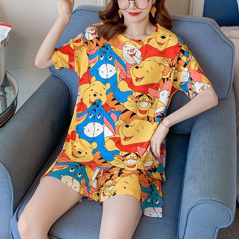 Bộ Đồ Ngủ Áo Thun Tay Ngắn + Quần Short Họa Tiết Hoạt Hình Thoáng Khí Thời Trang Mùa Hè Cho Nữ