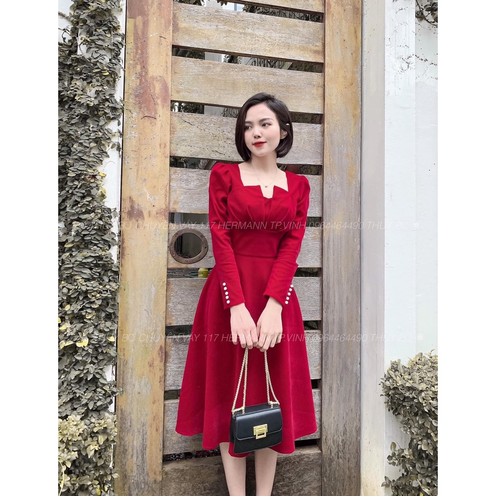 Váy Nhung Nữ Đỏ, Đầm Xòe Xếp Ly Ngực Phối Ngực Chất Nhung Dày Dặn Hàng Thiết Kế, Đủ Size Siêu Sang. | BigBuy360 - bigbuy360.vn