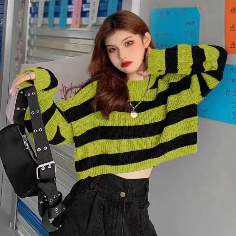 Áo Len Nữ Dài Tay Cổ Tròn Sọc Ngang Thời Trang Hàn