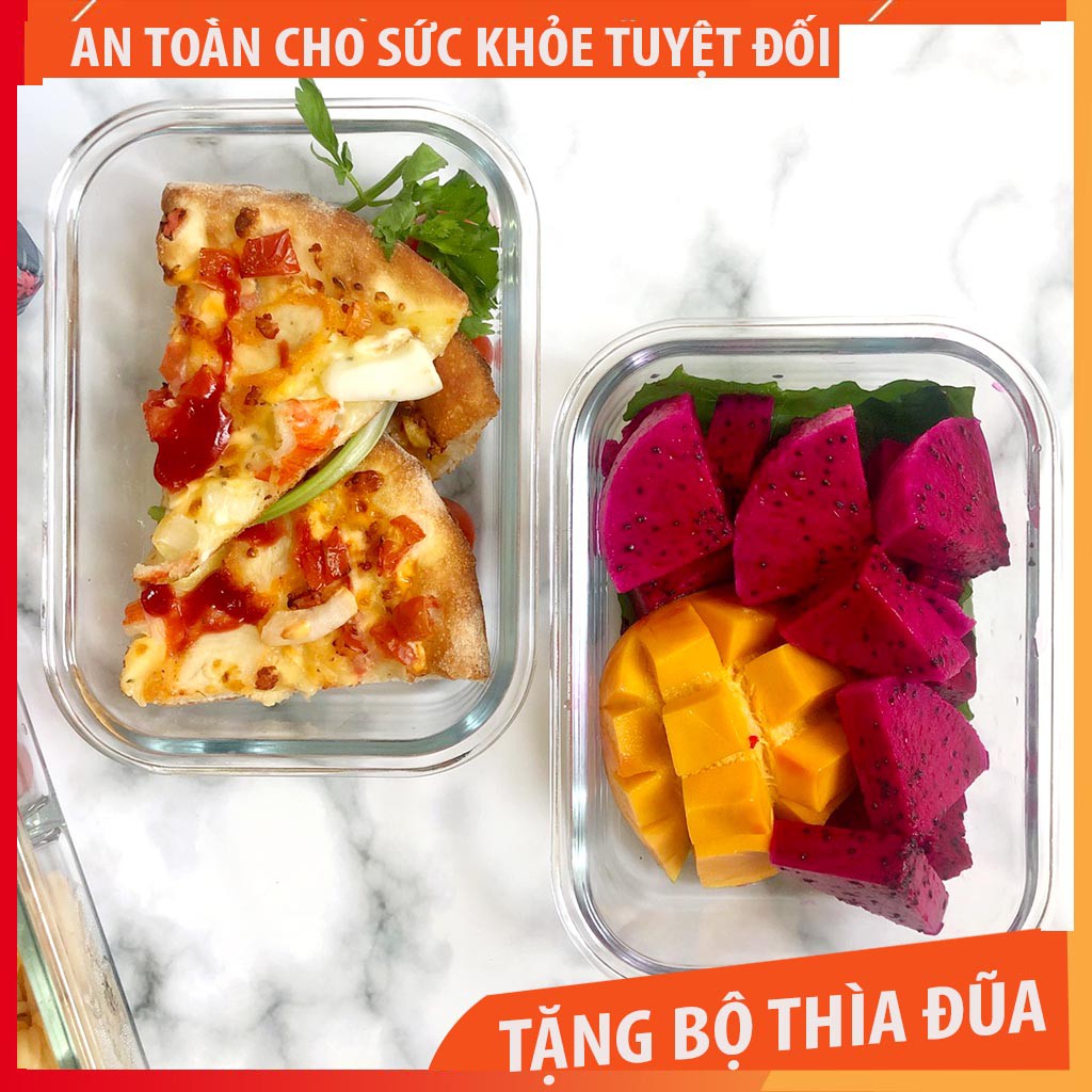 Bộ hộp cơm thuỷ tinh [ Tặng bộ đũa thìa + túi giữ nhiệt ] 1 hộp chia 2 ngăn và  1 hộp lớn 1 ngăn | BigBuy360 - bigbuy360.vn