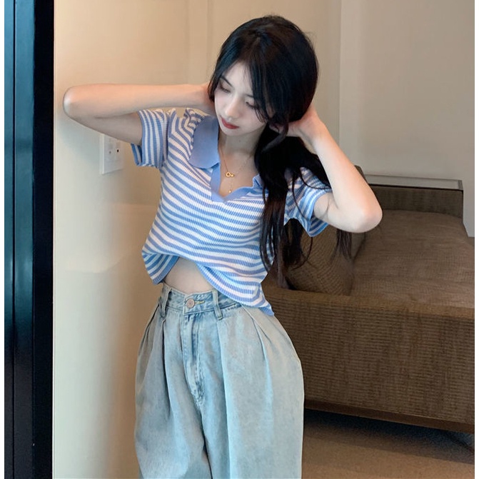 Áo polo Ngắn Tay Lưng Cao Họa Tiết Kẻ Sọc Thời Trang Mùa Hè Cho Nữ