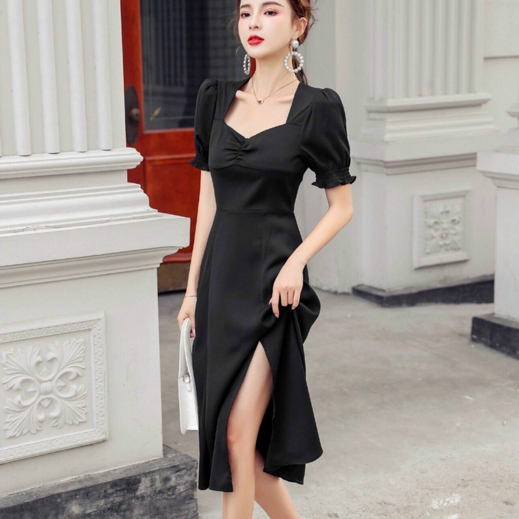 Đầm Tay Bồng Chẻ Tà Cao Cấp Cổ tim Nhúm Ngực