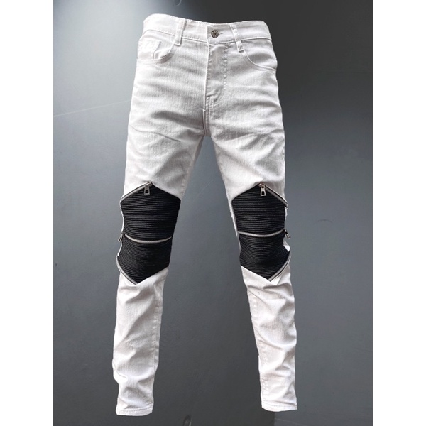 QUẦN BIKER TRẮNG ĐÁP ĐEN DÁNG SKINNY
