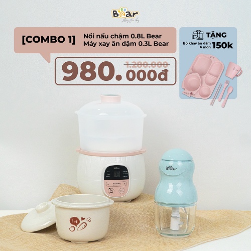 Combo Nồi Nấu Chậm 0,8L Bear  SUBE001 + Máy Xay Ăn Dặm 0,3L Bear B03V2 nấu cháo, chưng yến, đồ ăn dặm, tiện dụng